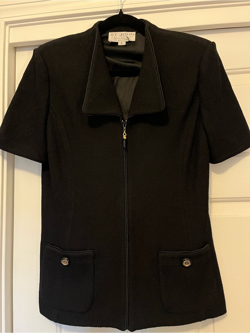 St. John Black Short-Sleeve Zip Front Jacket